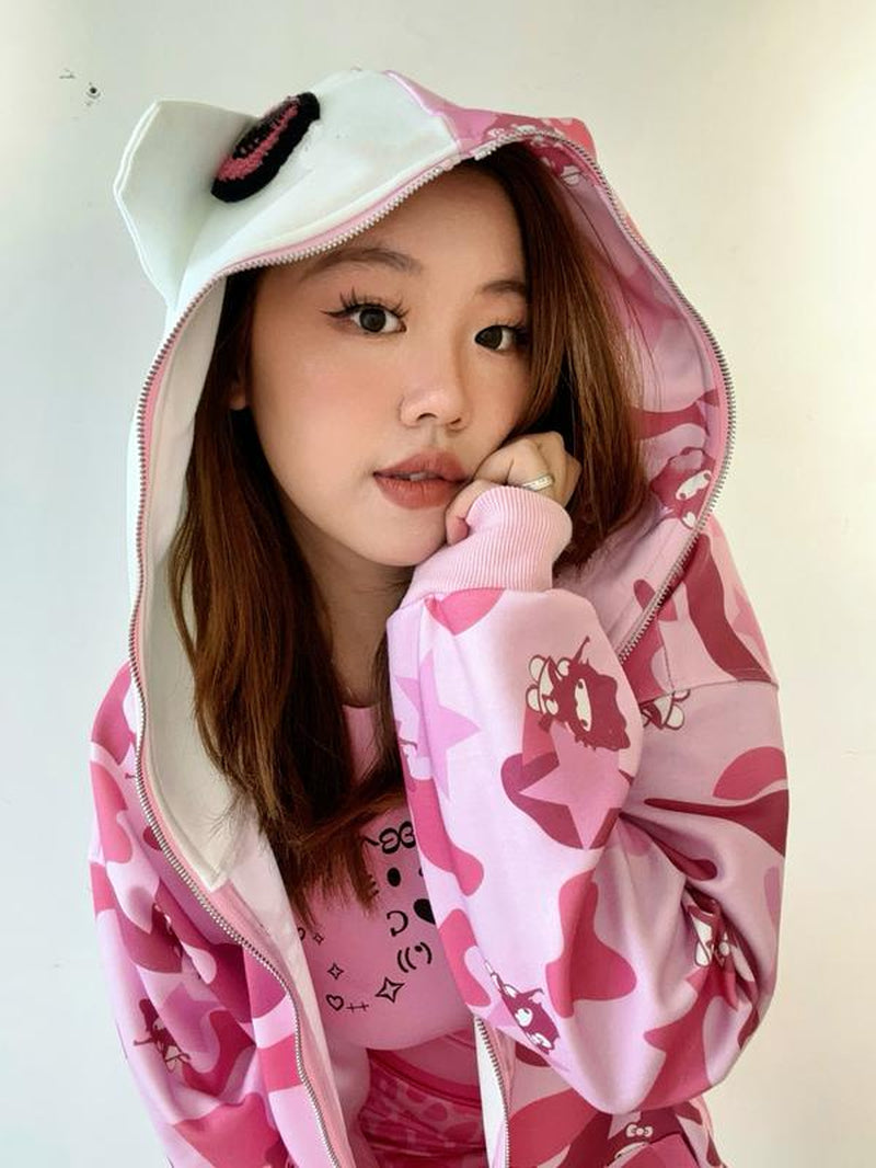 Y2K Movie X Hello Kitty Streetstyle Pastel Oversized Camouflage Hoodie with Cat Ear Hood - Unique Embroidered Design & Cozy Double-Layer Fabric