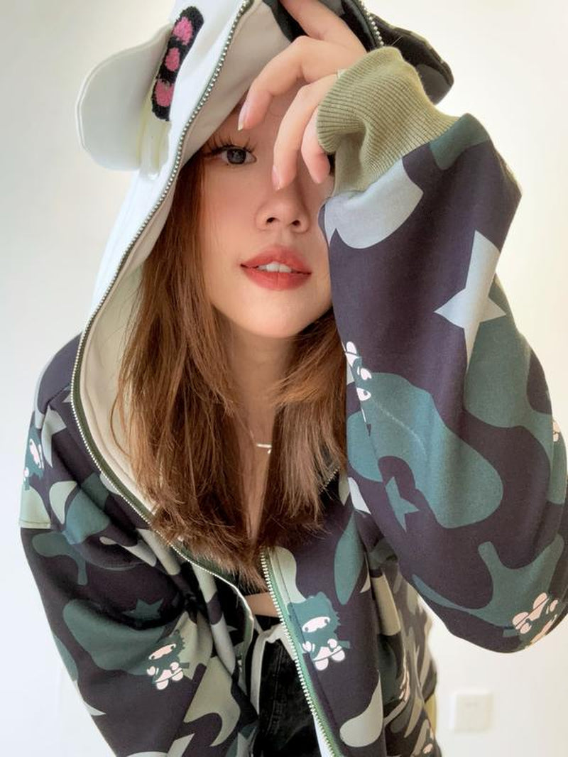 Y2K Movie X Hello Kitty Streetstyle Pastel Oversized Camouflage Hoodie with Cat Ear Hood - Unique Embroidered Design & Cozy Double-Layer Fabric
