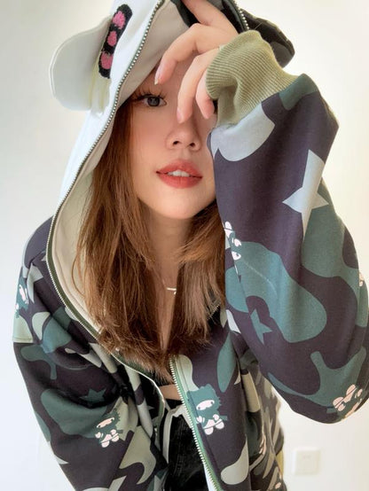 Y2K Movie X Hello Kitty Streetstyle Pastel Oversized Camouflage Hoodie with Cat Ear Hood - Unique Embroidered Design & Cozy Double-Layer Fabric