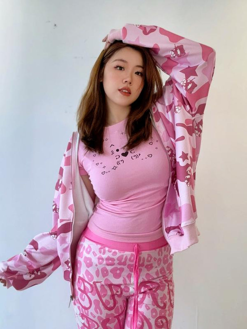 Y2K Movie X Hello Kitty Streetstyle Pastel Oversized Camouflage Hoodie with Cat Ear Hood - Unique Embroidered Design & Cozy Double-Layer Fabric