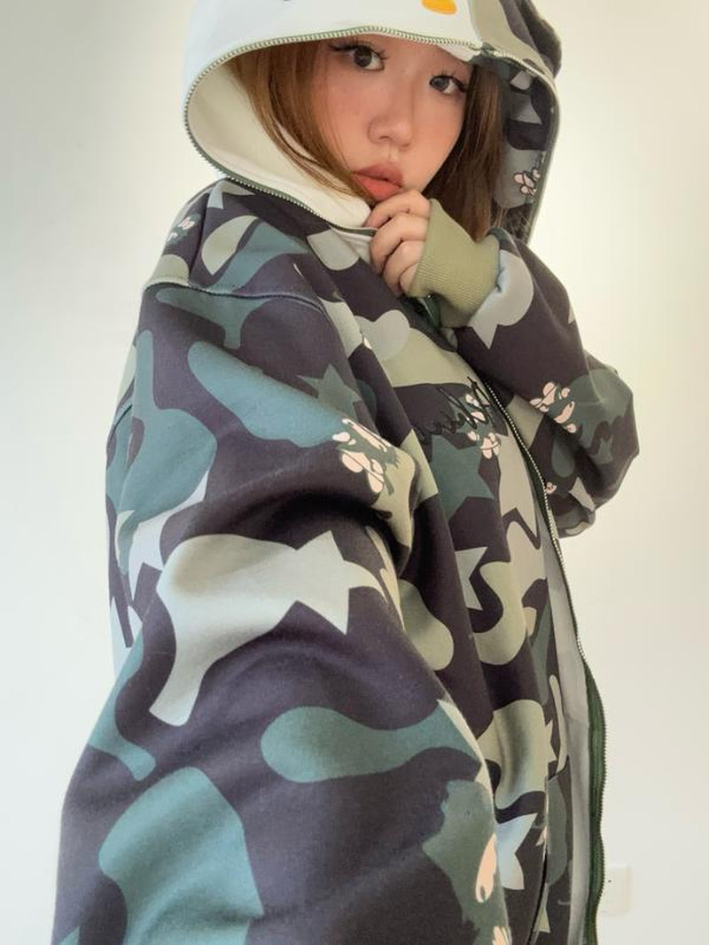 Y2K Movie X Hello Kitty Streetstyle Pastel Oversized Camouflage Hoodie with Cat Ear Hood - Unique Embroidered Design & Cozy Double-Layer Fabric