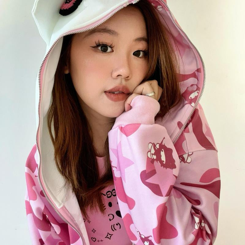 Y2K Movie X Hello Kitty Streetstyle Pastel Oversized Camouflage Hoodie with Cat Ear Hood - Unique Embroidered Design & Cozy Double-Layer Fabric