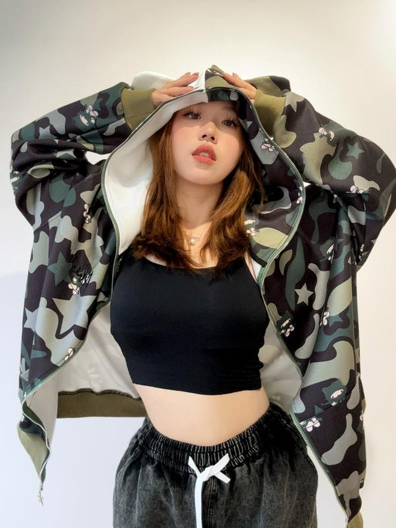 Y2K Movie X Hello Kitty Streetstyle Pastel Oversized Camouflage Hoodie with Cat Ear Hood - Unique Embroidered Design & Cozy Double-Layer Fabric
