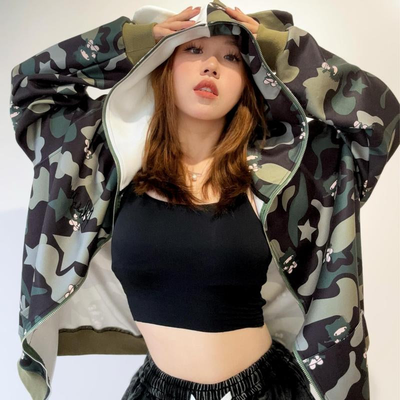 Y2K Movie X Hello Kitty Streetstyle Pastel Oversized Camouflage Hoodie with Cat Ear Hood - Unique Embroidered Design & Cozy Double-Layer Fabric